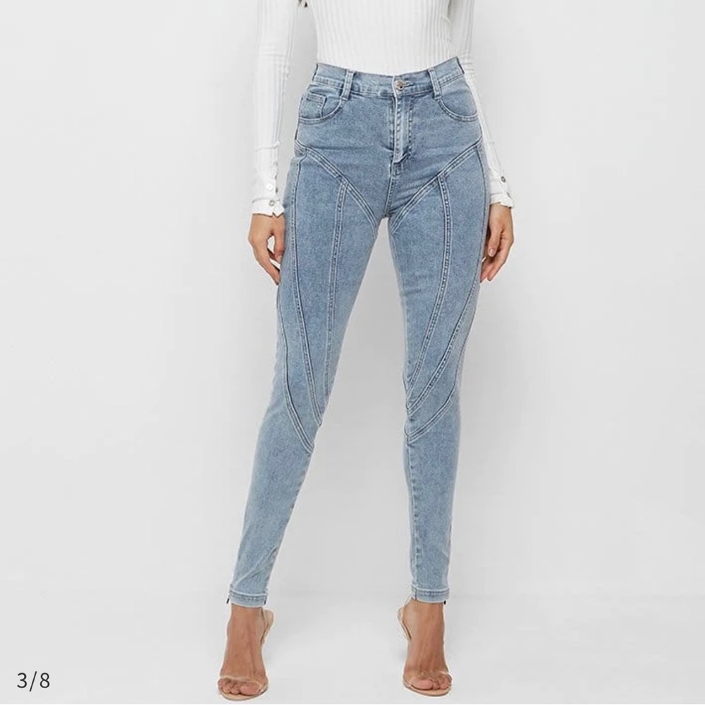 CONTOUR SEAM DETAIL SKINNY JEANS - MID BLUE